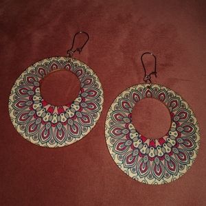 Big Pink Red Blue Wood Hoop Earrings Boho Mandala Bohemian Round Retro Dangles